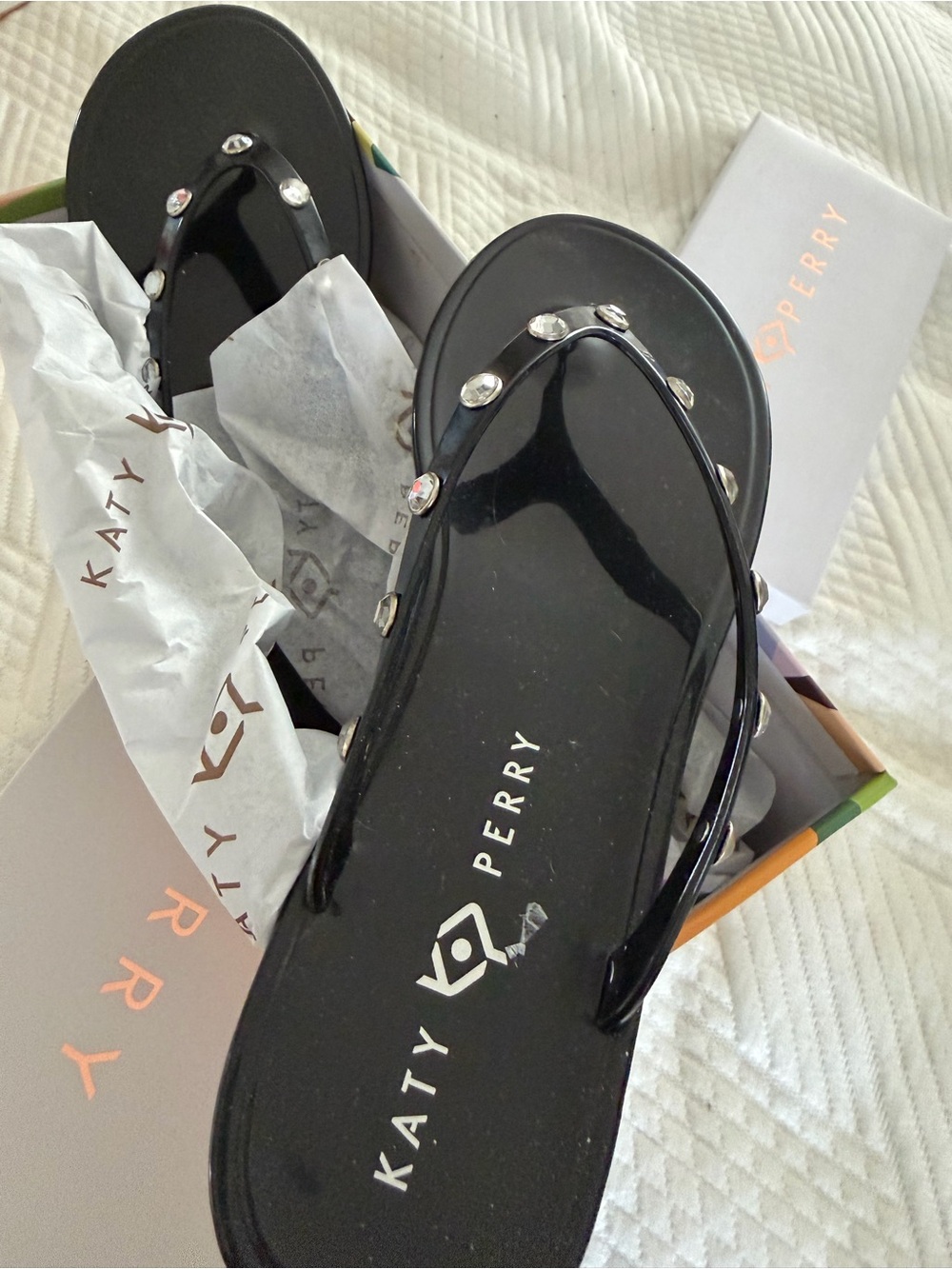 Katy Perry Collections Black Jelly Flip Sandals with Crystal Studs